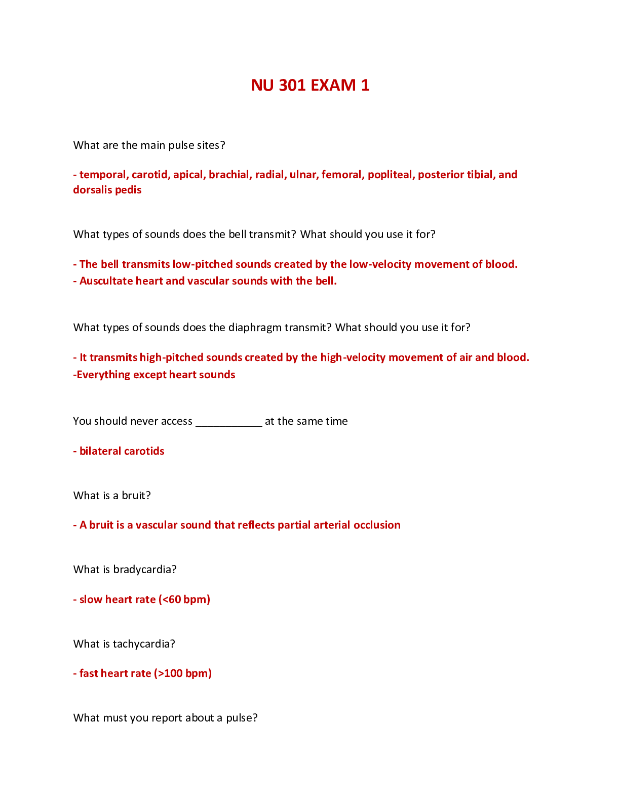 Preview of NU 301 Fundamentals of Nursing EXAM 1